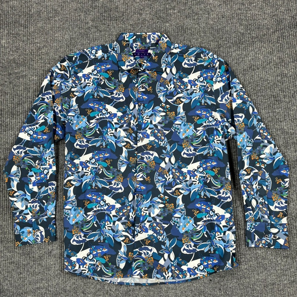 Kolte Stretch Mens Size XL 17.5 Floral Button Up Shirt Blue Long Sleeve